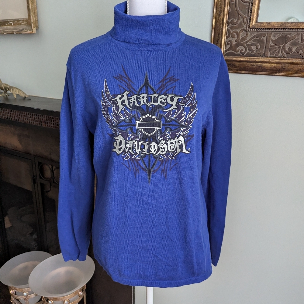 Y2K Harley Davidson Turtleneck Knit Fitted Top Sweater Women's XL Wing Logo